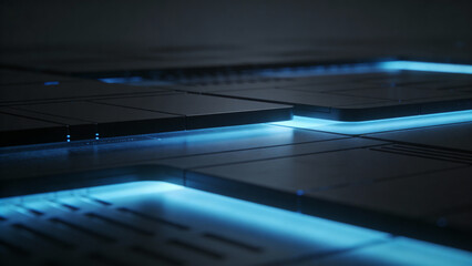 Futuristic technology background with illuminated blue lines and panels