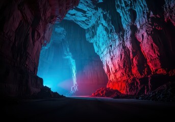A breathtaking view inside a huge subterranean cavern showing immense scale, rock formations, and deep shadow, tunnel, mysterious, subterranean