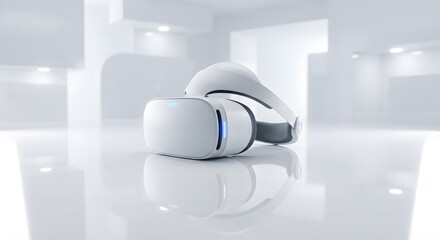 Modern white virtual reality headset resting on reflective glossy surface