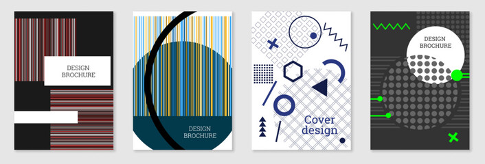 A set of 4 Memphis-style covers. Geometric design, abstract background. Trendy, vibrant covers. Creative colors.
