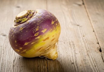 A large, whole rutabaga, also known as swede, displayed prominently on a wooden surface, showing its purple skin and yellow root, garden, rutabaga, vibrant