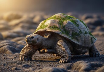 A massive ancient reptile deliberately traversing a rough terrain, illustrating the concept of extreme slowness and patience in nature, wildlife, shelled, aged