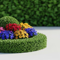 A picturesque garden landscape featuring lush green foliage, colorful blooming flowers, and neatly trimmed hedges under the bright sun, plants, green, tranquil