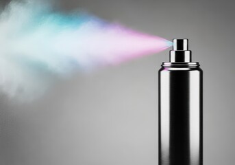 A powerful metallic cylindrical spray container releases a concentrated plume of fine mist or vapor into the air against a neutral background space, container, household, release