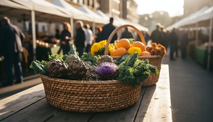 Fresh organic daffodils and seasonal autumn vegetables like pumpkins and carrots fill a rustic harvest basket in a sunny garden market setting