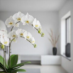 A stunning, elegant arrangement of white phalaenopsis orchids creating a serene and natural focal point in a contemporary home interior design, elegant, stem, white