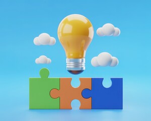 Bright idea concept: 3D puzzle pieces and a light bulb floating above clouds, symbolizing innovation and problem-solving
