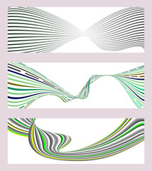 Wavy lines or ribbons. Set of 3 backgrounds. Multicolored striped gradient. Creative unusual background with abstract wavy lines. Fashionable banner, poster. 