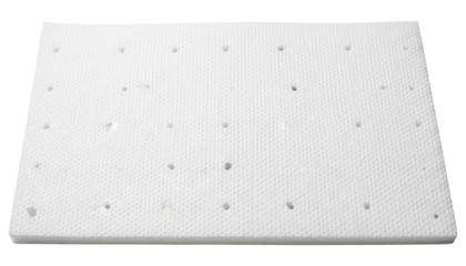 Rectangular sheet of white protective foam packaging with air holes on a transparent background