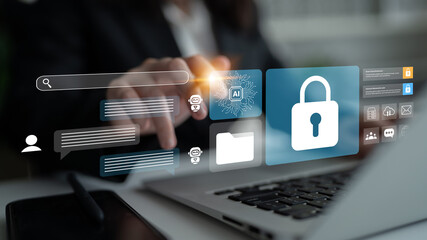 A close-up of a modern workspace featuring a laptop and various security icons representing data protection, privacy management, and technology integration in a digital setting. Gantry