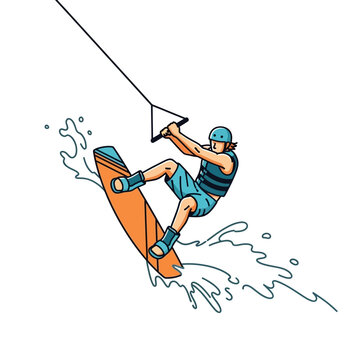 Wakeboarding action, dynamic water sport, rider jumping on wakeboard over water splash