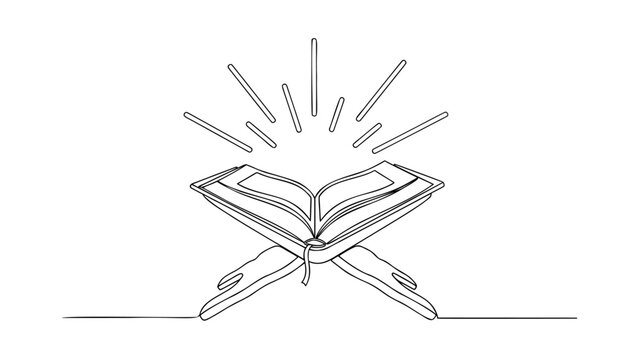Single-line open Quran on rehal with radiant light rays &mdash; minimalist Islamic spiritual illustration