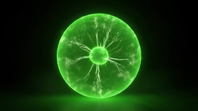 Green Plasma Energy Sphere - This video shows a glowing green sphere of plasma energy in a dark environment. Electric currents radiate outwards from the center, creating an ethereal glow.