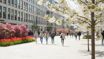 A diverse crowd of people, including families and couples, enjoy a leisurely walk along the urban sidewalk and city street past green park trees and modern architecture