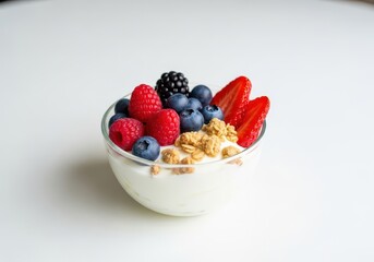 Creamy, low-fat yogurt topped with vibrant berries and granola, emphasizing a healthy, light breakfast option on a clean, bright table, cultured, healthy lifestyle, organic