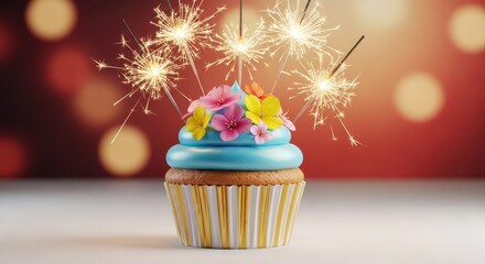 Festive birthday cupcake topped with edible flowers and glowing sparklers, set against a soft, celebratory bokeh background, celebration, greeting, colorful