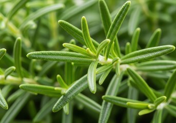 Obraz premium Extremely detailed macro shot of fresh rosemary sprigs showing texture, vibrant green color, and aromatic needles used for cooking, seasoning, herb, sprig