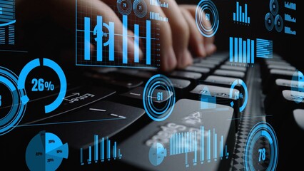 A close-up view of a keyboard with abstract digital data visualizations overlaying the image. This artful representation symbolizes business analytics and technological insights. Xenic