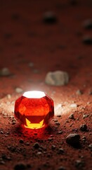 Futuristic, reddish-orange glass sample resting on a gritty, simulated Martian terrain under bright, contrasting light, light, environment, technology
