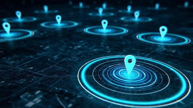 Digital map with glowing blue location pins, futuristic city grid, abstract technology background, GPS navigation, geolocation, data connectivity, network visualization, urban communication