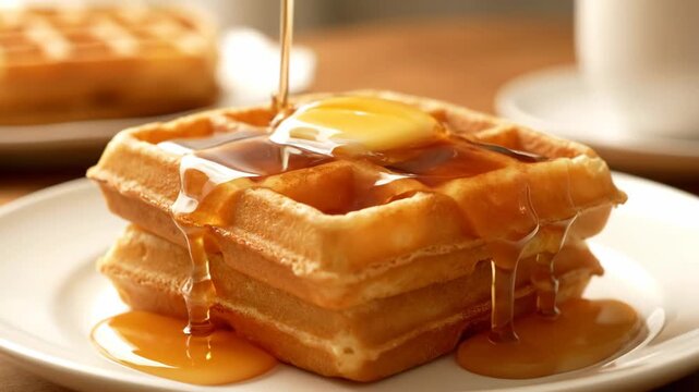 Delicious Golden Waffles with Syrup - This enticing video shows a stack of golden waffles with a pat of butter, being drizzled with syrup.