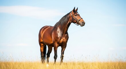 Majestic brown horse standing in a golden meadow under bright sunlight, highlighting its sleek summer coat and powerful build, bright, freedom, rural