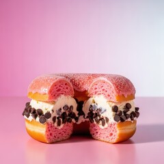 Luxurious pink dessert setup showcasing a sugary donut cut in half and filled with creamy vanilla ice cream and rich chocolate chips, studio shot, food, chocolate