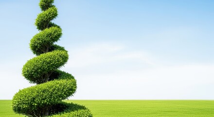 Meticulously maintained spiral topiary stands tall in a sunny manicured garden, showcasing precise horticultural artistry and green precision, evergreen, classical, yard