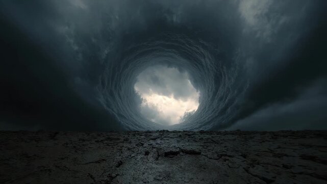 Storm sky cloud vortex dramatic landscape dark weather nature ominous, swirling clouds form powerful vortex over cracked ground, intense moody atmosphere, natural disaster, emotional tension