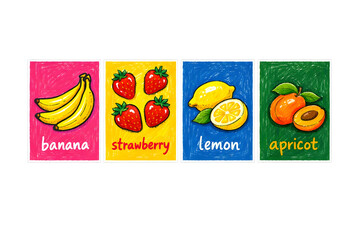 Bright fruit label cards set &mdash; colorful banana, strawberry, lemon and apricot hand‑painted cards for packaging, food labels, farmers market signs and children&rsquo;s posters