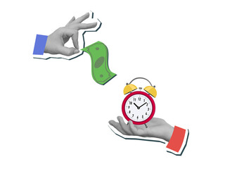 Fototapeta na wymiar A one hand gives a green banknote and other give a red classic alarm clock. The concept of exchanging money for time. Modern photo collage style. Illustration on a transparent background