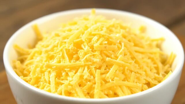 Grated Cheese in Bowl - This close-up shot shows a white ceramic bowl filled with finely grated yellow cheese. The cheese is piled high, ready to be used in cooking or as a culinary topping.