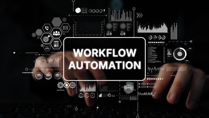 Hands Typing on Keyboard with Digital Workflow Automation Graphics Overlaid on Dark Background. Asymptotic smart data analytic.
