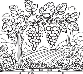 A fresh bunch of ripe green grapes with a leaf on a grapevine branch, featuring a flat vector illustration design for wine and nature decoration in a vineyard pattern