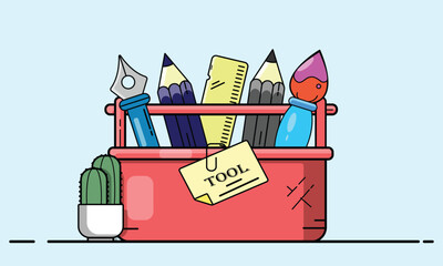 Colorful vector illustration of a creative toolbox filled with art supplies, pencils, ruler, brush and pen, flat design icon for design, education and craft concepts