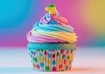 Vibrant cupcake topped with creamy frosting and a decorative numeral one, signifying a milestone first year celebration and party dessert, decorative food, happy occasion, anniversary