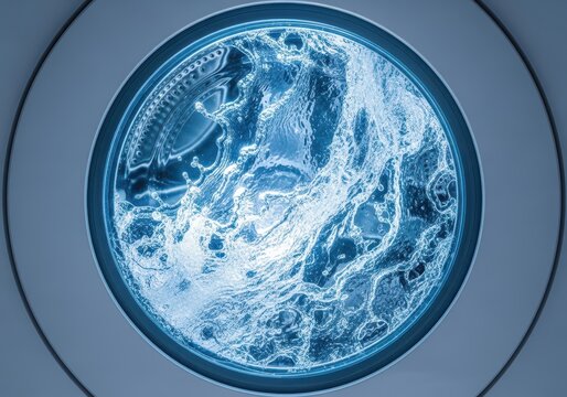 The round glass door of a household washing machine during a spin cycle, showing water sloshing against the sealed window, cycle, transparent, bubble