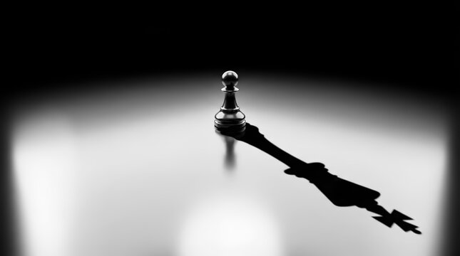 A small chess pawn casts a long shadow in the shape of a king on a dark, high-contrast background