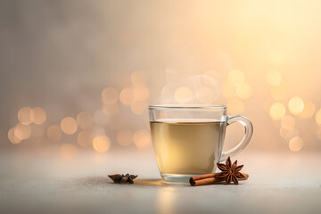 Steaming cup of herbal tea with spices on a table during evening with soft background lights