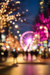 City street is filled with lights as people walk by and a large ferris wheel glows in the background at night
