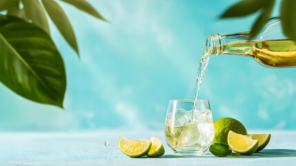 Refreshing drink being poured over ice in a clear glass with lime slices on blue background