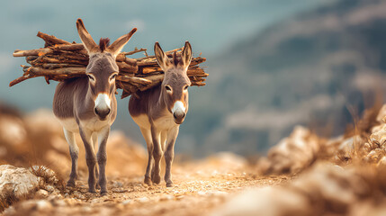 Donkeys carry firewood along a dusty path in a mountainous region during daylight hours