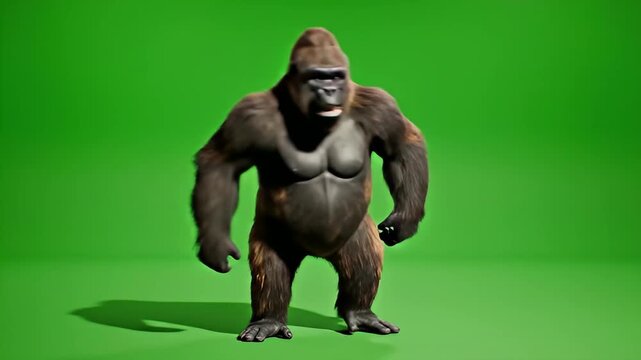 A powerful gorilla stands confidently in front of a green screen for a video production