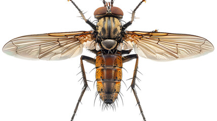 Detailed close up of tachinid fly with transparent wings and striped body, showcasing its intricate features and natural beauty
