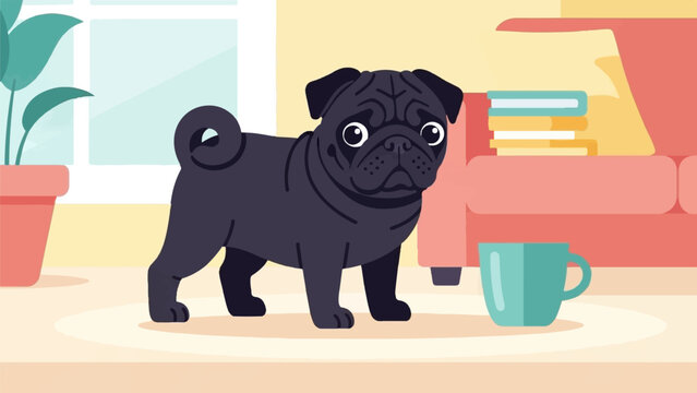 Adorable black pug stands next to a teal mug and stacked books on a table