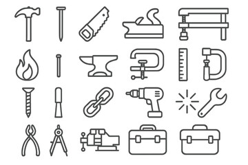 Fototapeta premium Craftsmanship Tools Icons. Line style icons of craftsmanship: hammer, nail, saw, chisel, forge flame, anvil, wood plane, clamp,