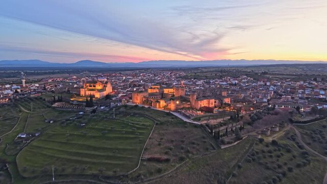 Aerial images of Oropesa in the province of Toledo, during sunset on a clear day, 1-inch sensor, 4k 30fps