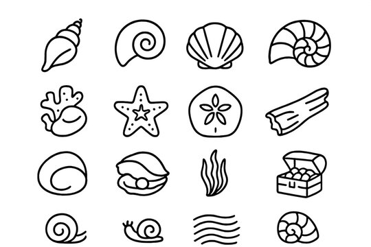 Seashell Icon Collection. Line style icons of seashells: conch, spiral shell, scallop, clam, nautilus, coral piece, pearl inside,
