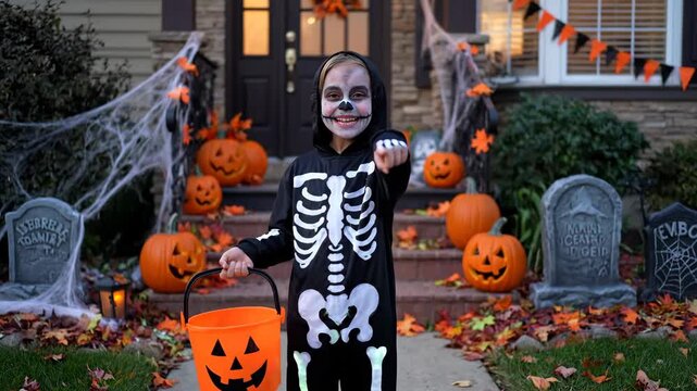 Funny Child Halloween Skeleton Costume - A happy child dressed in a skeleton costume points at the camera, holding an orange Halloween candy bucket.