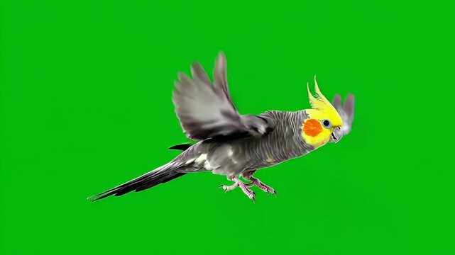 A vibrant cockatiel in flight against a solid green background in this video